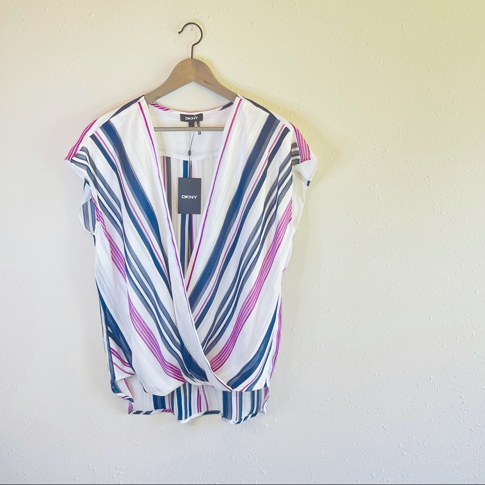 DKNY Striped Surplice Front Sleeveless Top Size Large NWT